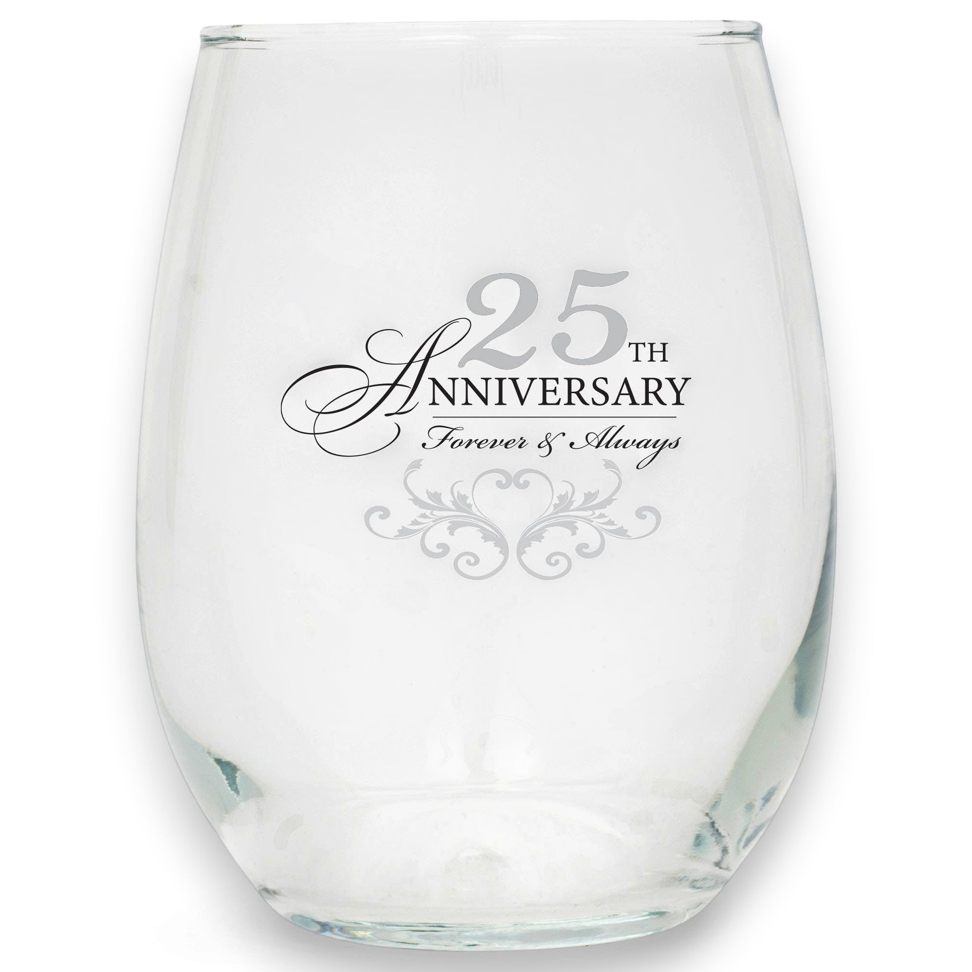Mellow Monkey 15oz stemless wine glass with silver 25th anniversary text and elegant scrollwork design