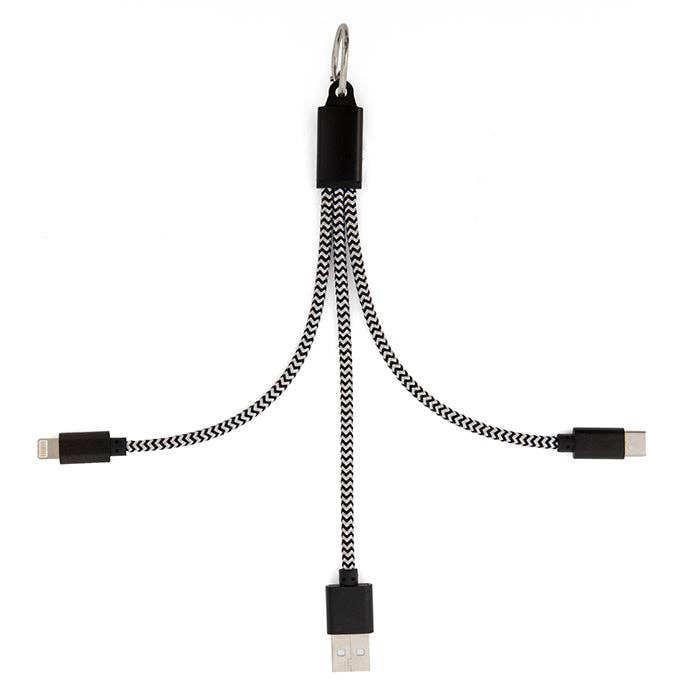 Mellow Monkey 3-in-1 charging keyring with black and white braided nylon cables, USB, USB-C, and Lightning connectors.