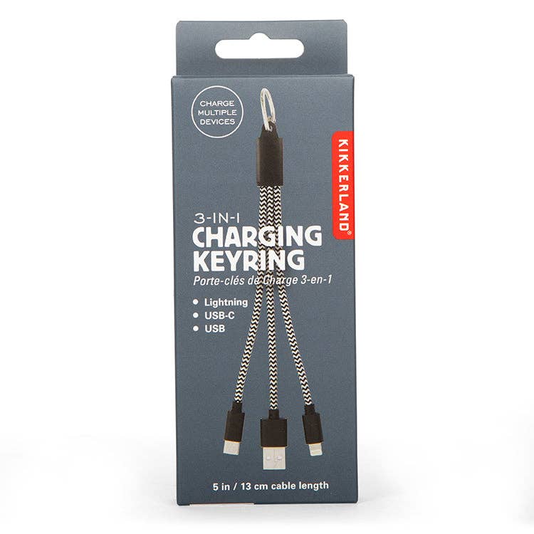 Mellow Monkey 3-in-1 charging keyring with black and white braided cable, featuring USB, USB-C, and Lightning tips.
