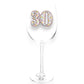 Mellow Monkey 30th birthday wine glass featuring a large number 30 decorated with colorful shimmering jewels