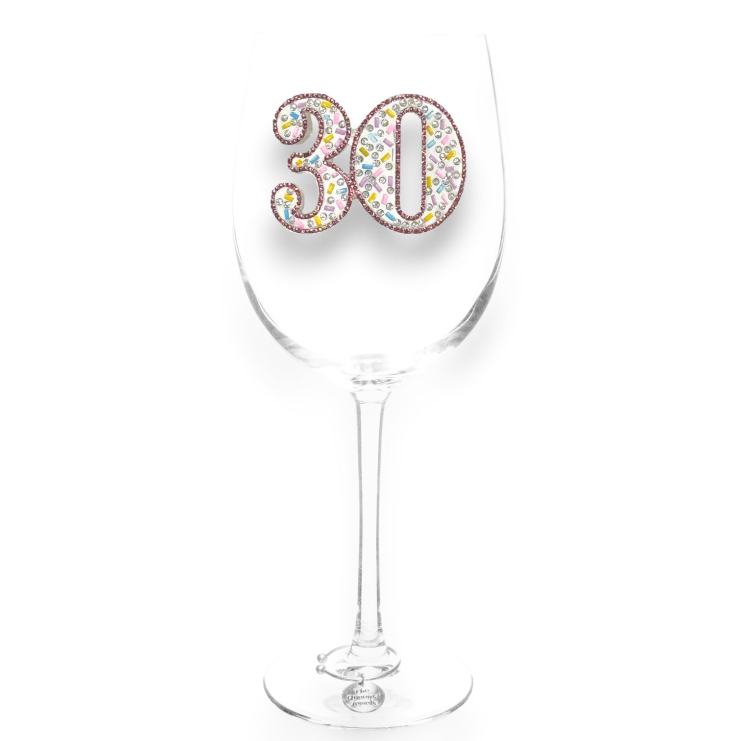 Mellow Monkey 30th birthday wine glass featuring a large number 30 decorated with colorful shimmering jewels