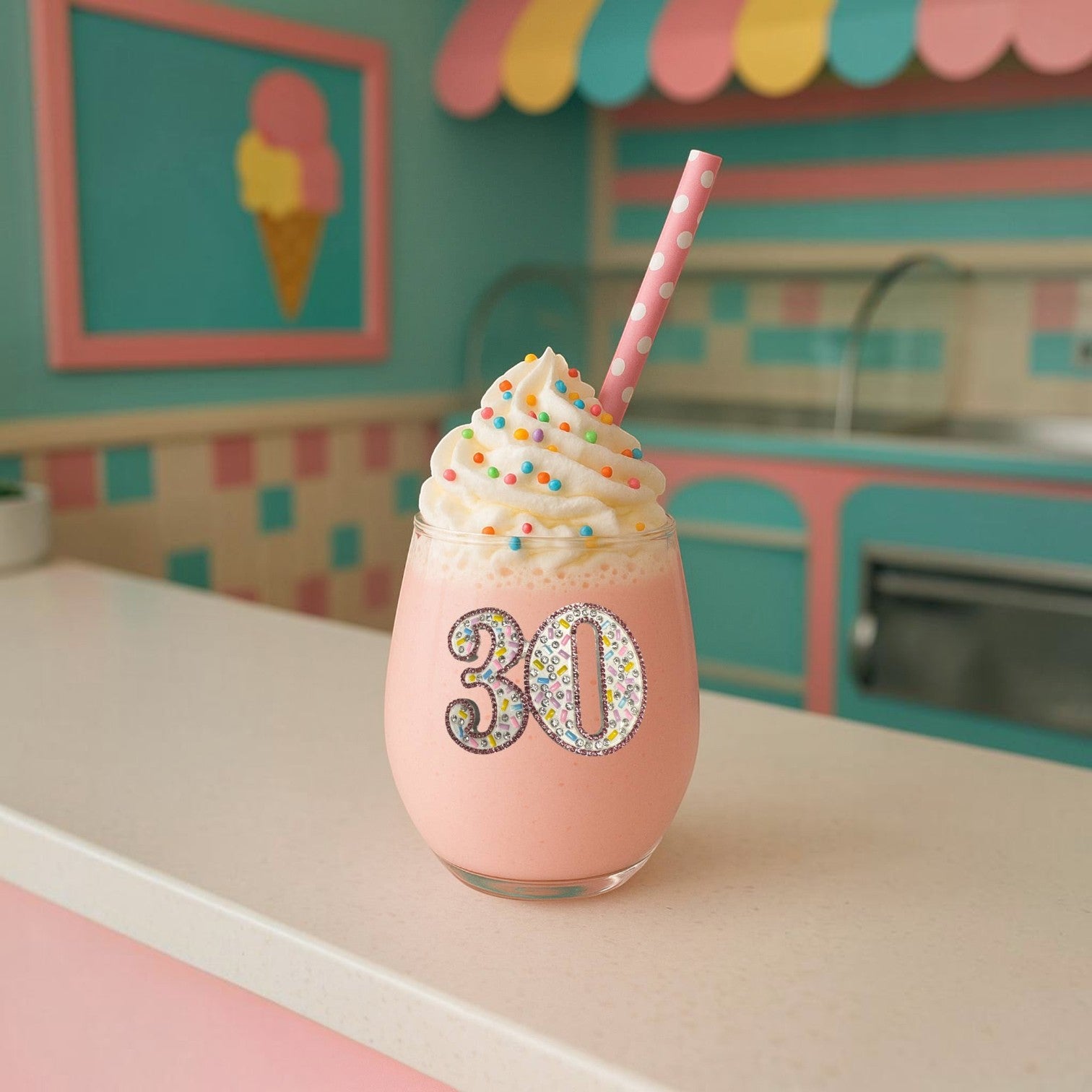 Mellow Monkey 30th birthday stemless wine glass filled with a pink milkshake, topped with whipped cream and sprinkles.