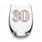 Mellow Monkey 21 oz stemless wine glass featuring a jeweled 30th birthday design with colorful accents