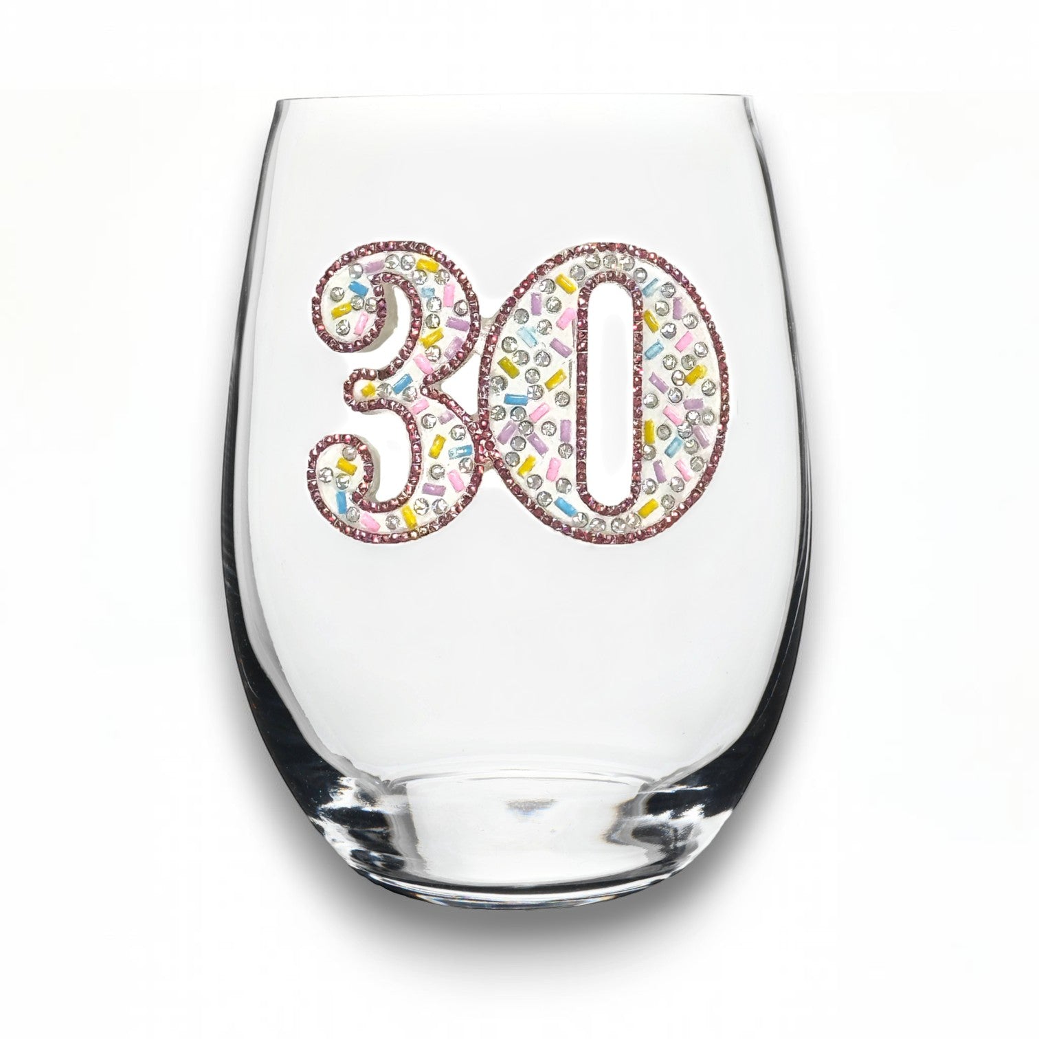 Mellow Monkey 21 oz stemless wine glass featuring a jeweled 30th birthday design with colorful accents