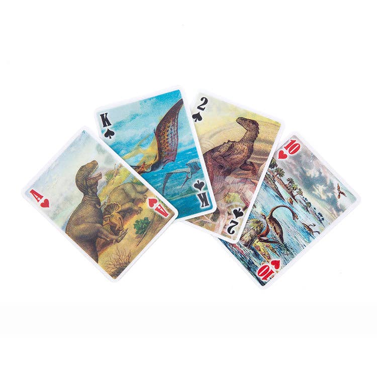 Mellow Monkey 3-D dinosaur playing cards with lenticular illustrations of prehistoric creatures on poker-sized cards.