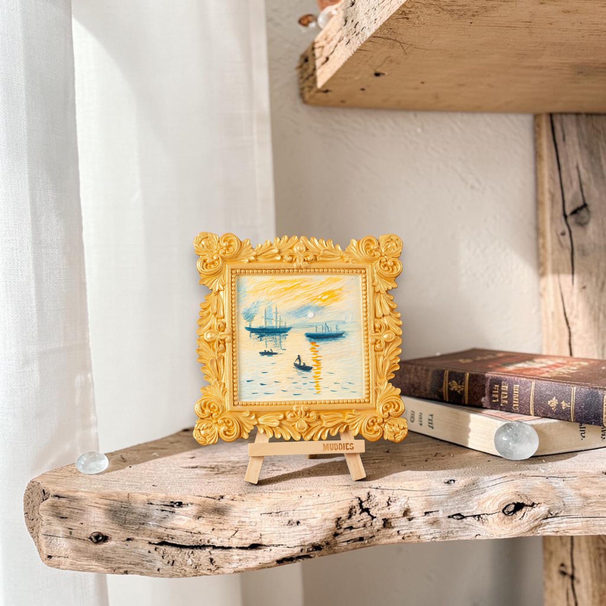 Mellow Monkey Muddies 3D wall frame painting kit featuring a textured sunrise masterpiece in an ornate gold frame.