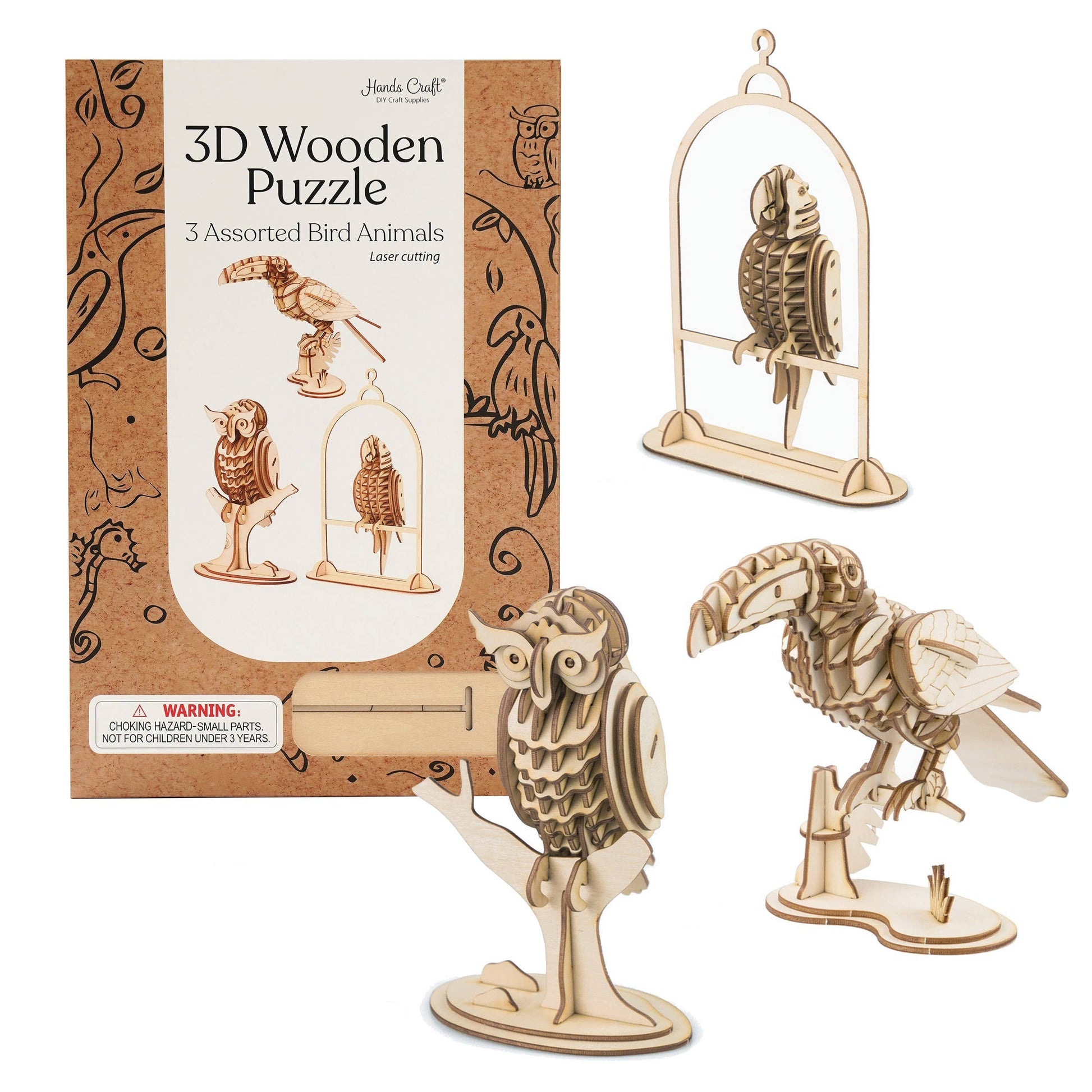 Mellow Monkey 3D laser cut wooden puzzle bundle pack featuring a toucan, owl, and parrot. Natural wood.