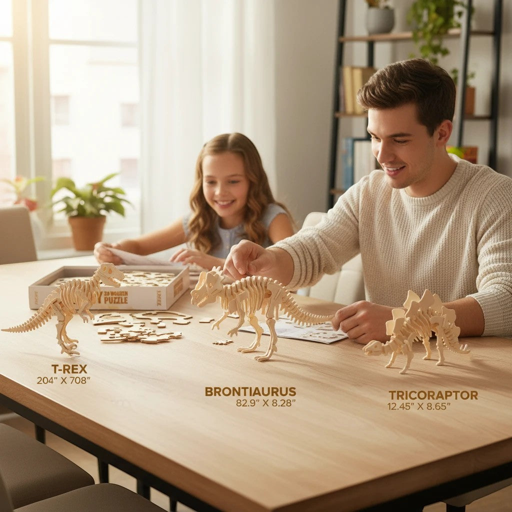 Mellow Monkey 3D wooden dinosaur puzzles, T-Rex, Brontosaurus, and Triceratops, assembled on a table with a father and daughter.