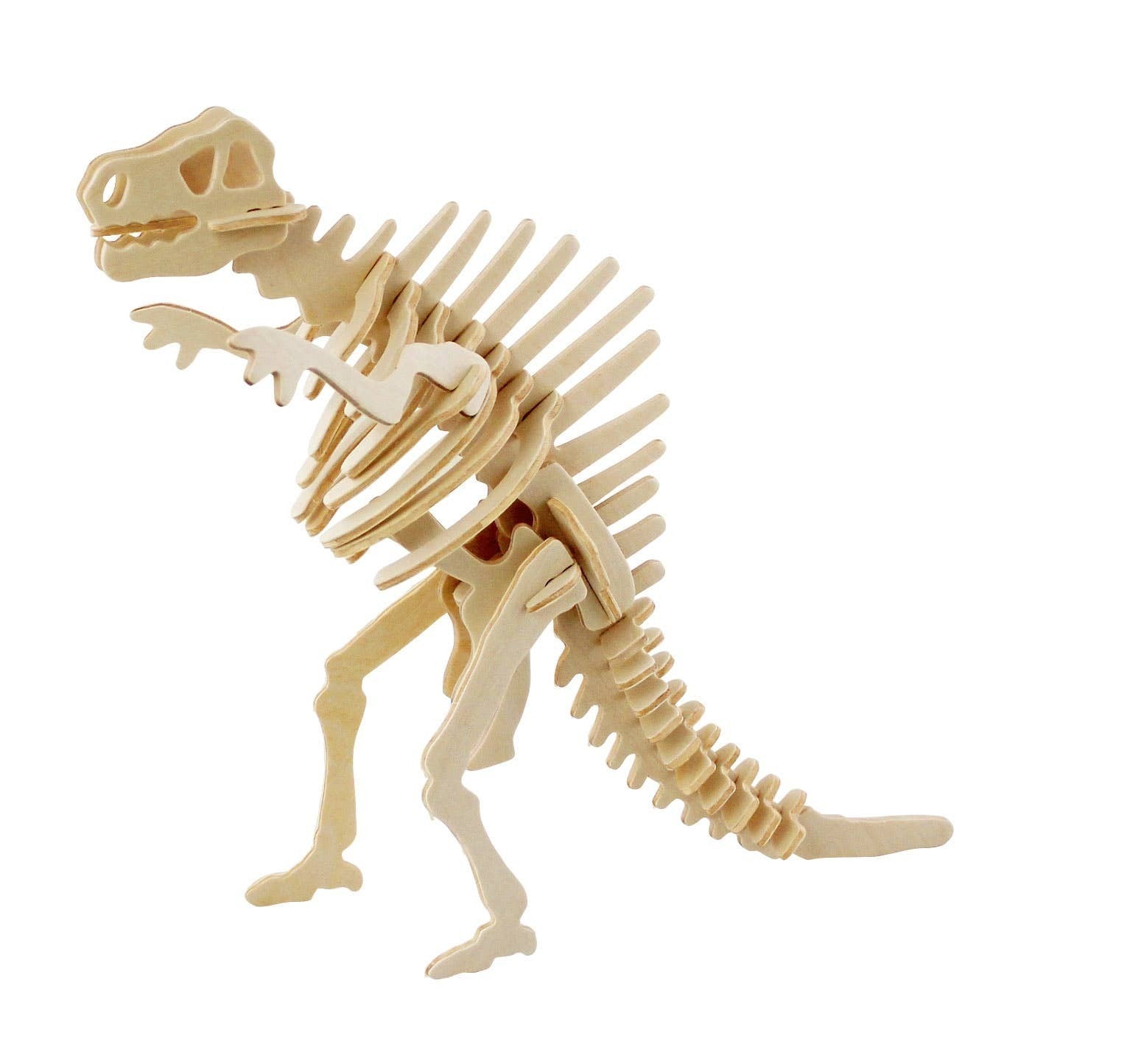 Mellow Monkey 3D wooden T-Rex skeleton puzzle, natural wood, educational toy for kids and adults.