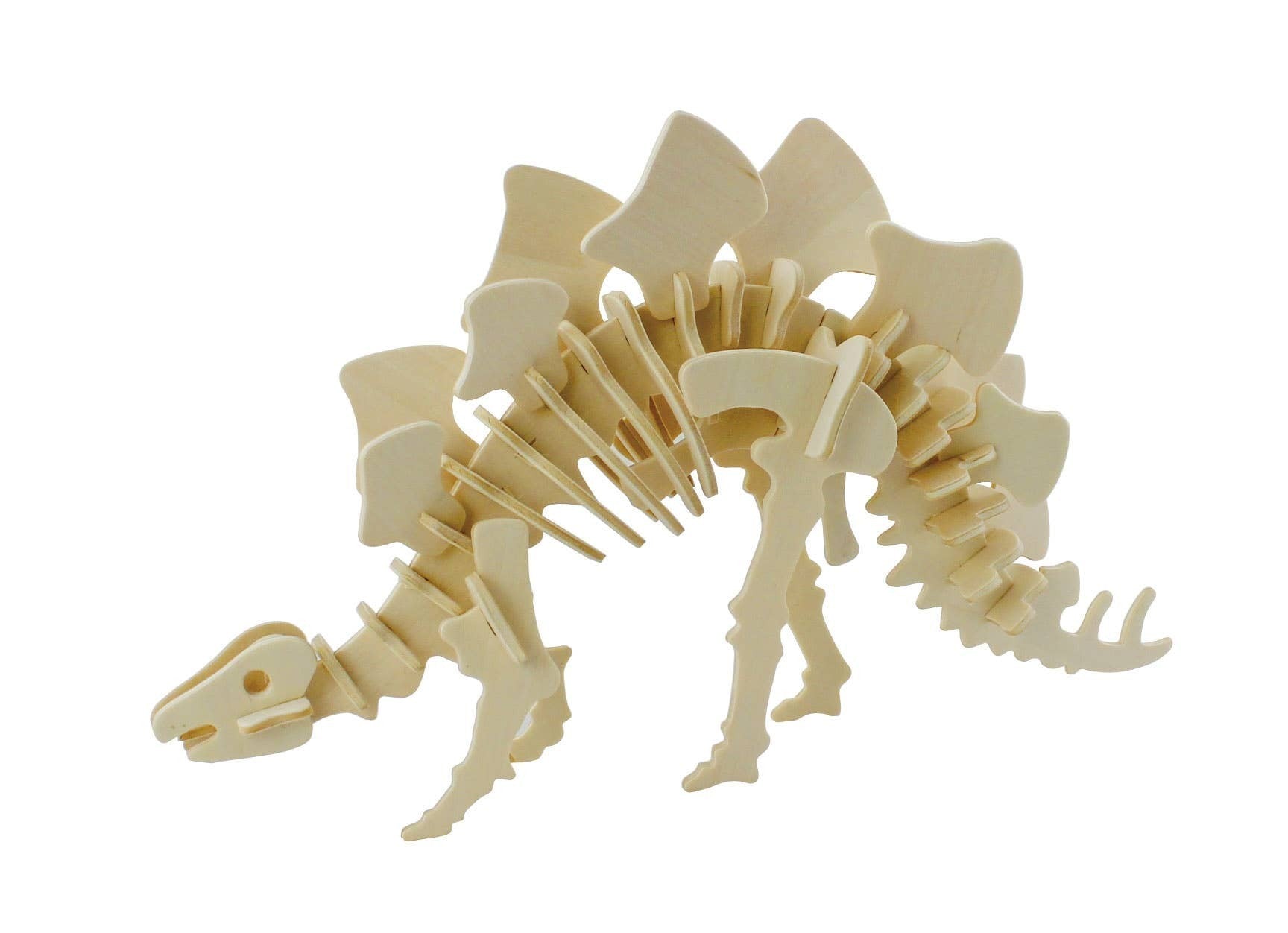 Mellow Monkey 3D wooden Stegosaurus puzzle, natural wood, detailed skeleton model for kids and adults.
