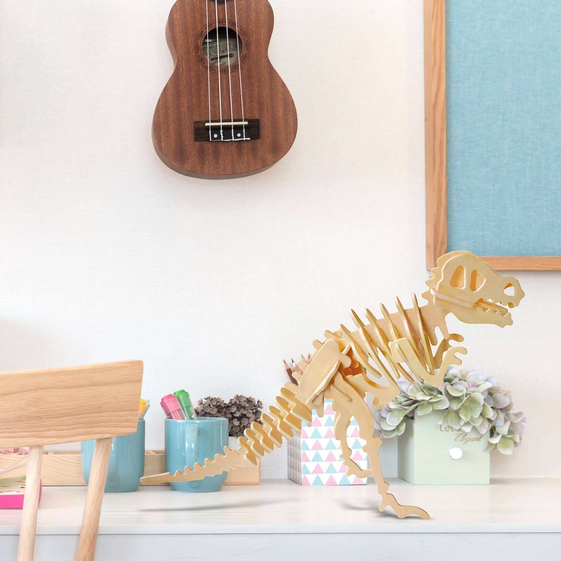 Mellow Monkey 3D wooden T-Rex dinosaur puzzle, natural wood, assembled skeleton model.