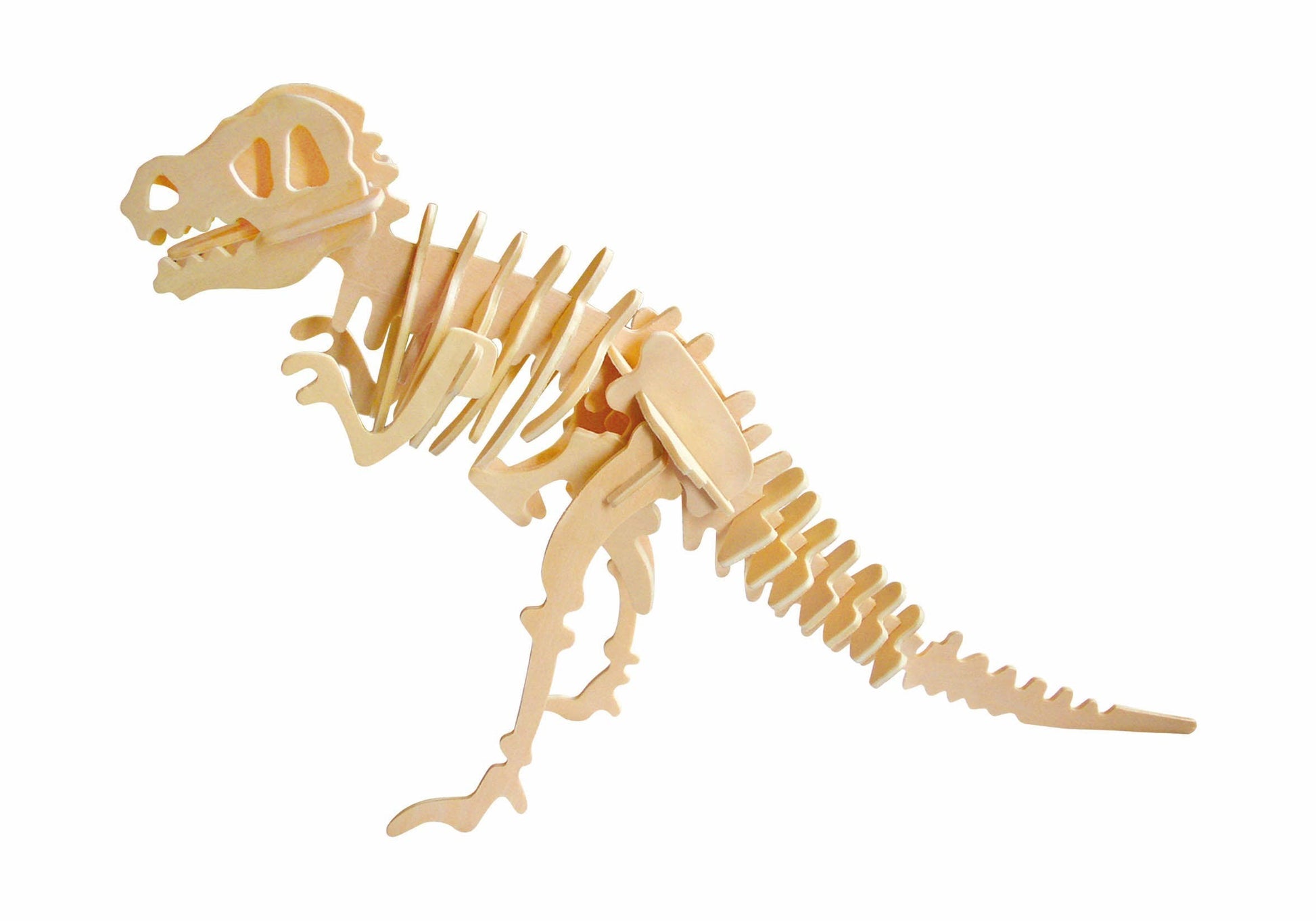 Mellow Monkey 3D wooden T-Rex dinosaur skeleton puzzle, made from natural plywood with grooved edges.