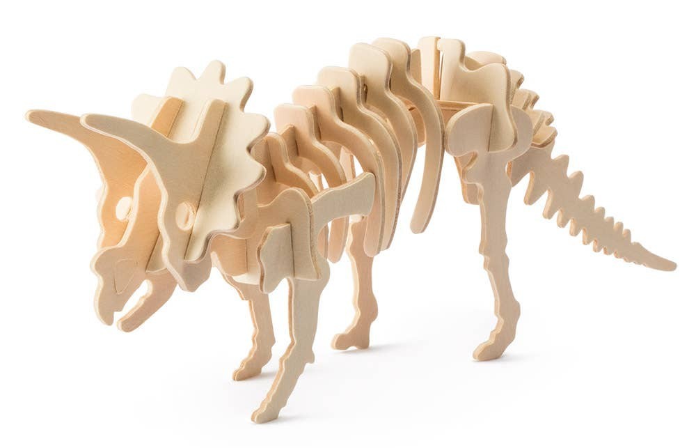 Mellow Monkey 3D wooden Triceratops dinosaur puzzle, made from natural plywood with grooved edges.
