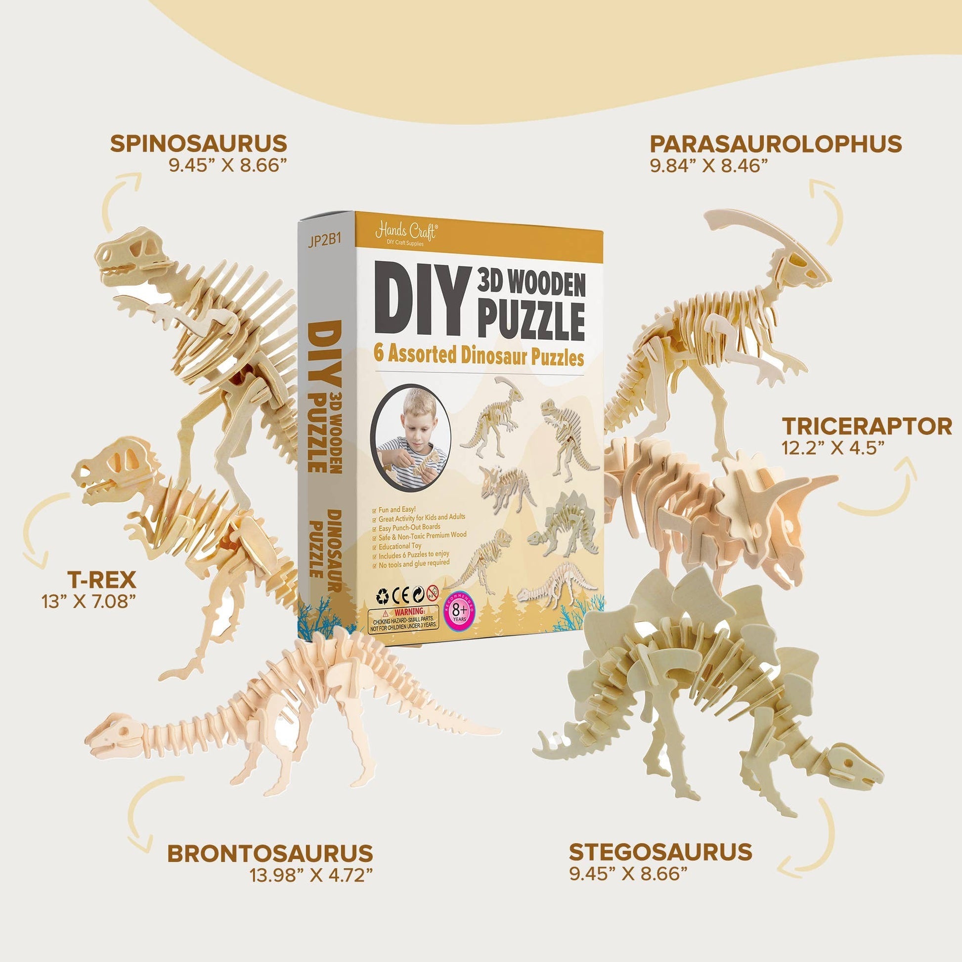 Mellow Monkey 3D Wooden Dinosaur Puzzles: T-Rex, Brontosaurus, Stegosaurus, Spinosaurus, Triceratops, Parasaurolophus. Made from eco-friendly plywood.