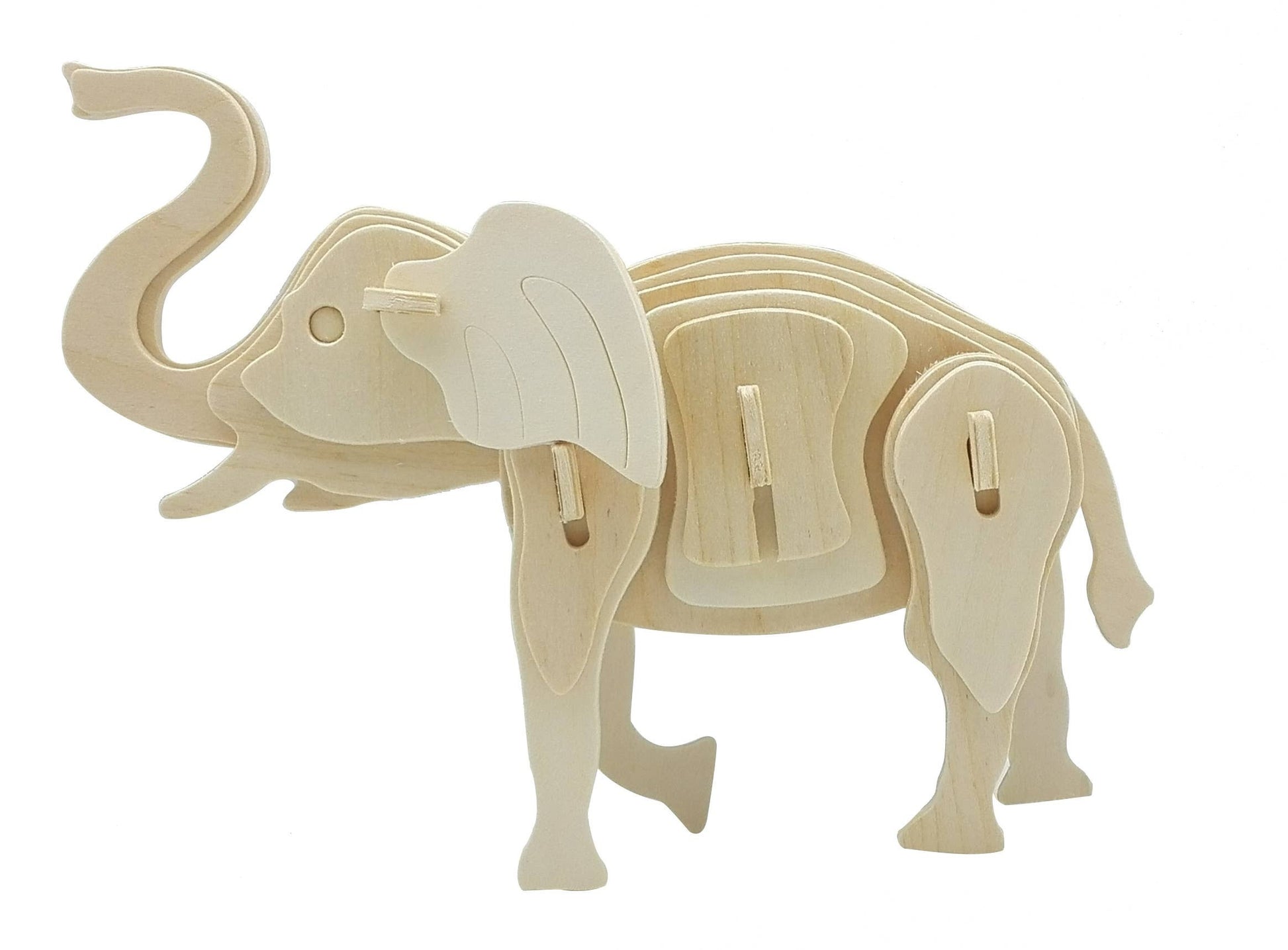 Mellow Monkey 3D wooden elephant puzzle, made from natural plywood with grooved edges. Educational toy.