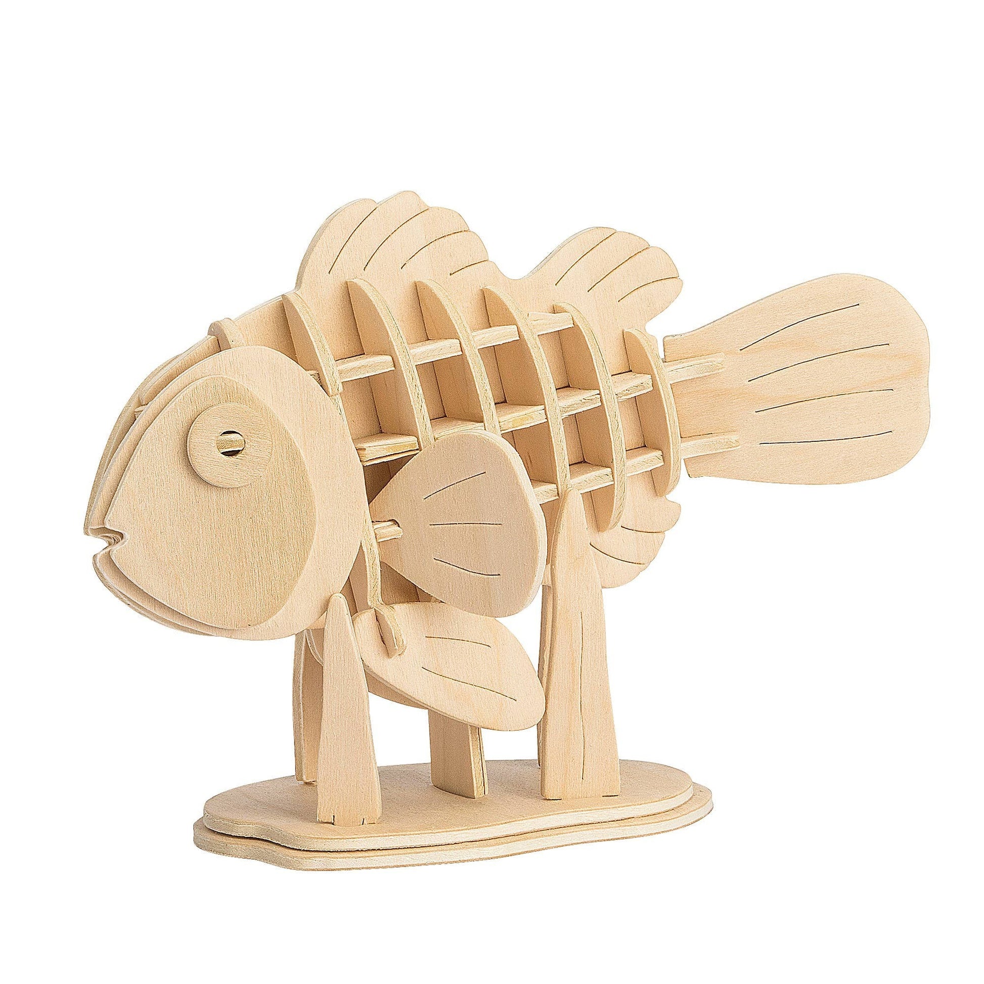 Mellow Monkey 3D wooden fish puzzle, natural wood, assembled sea animal model with grooved edges.