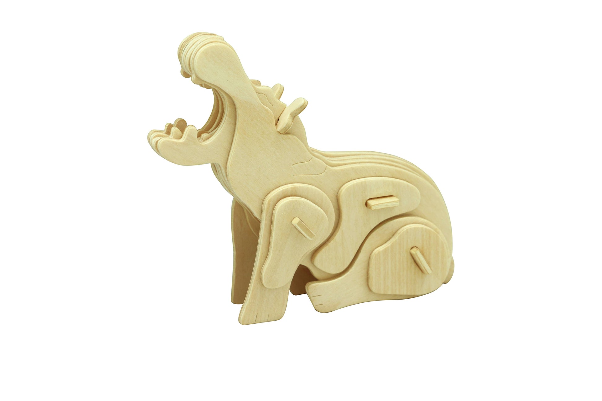 Mellow Monkey 3D wooden puzzle of a hippo with mouth open, made from natural plywood.