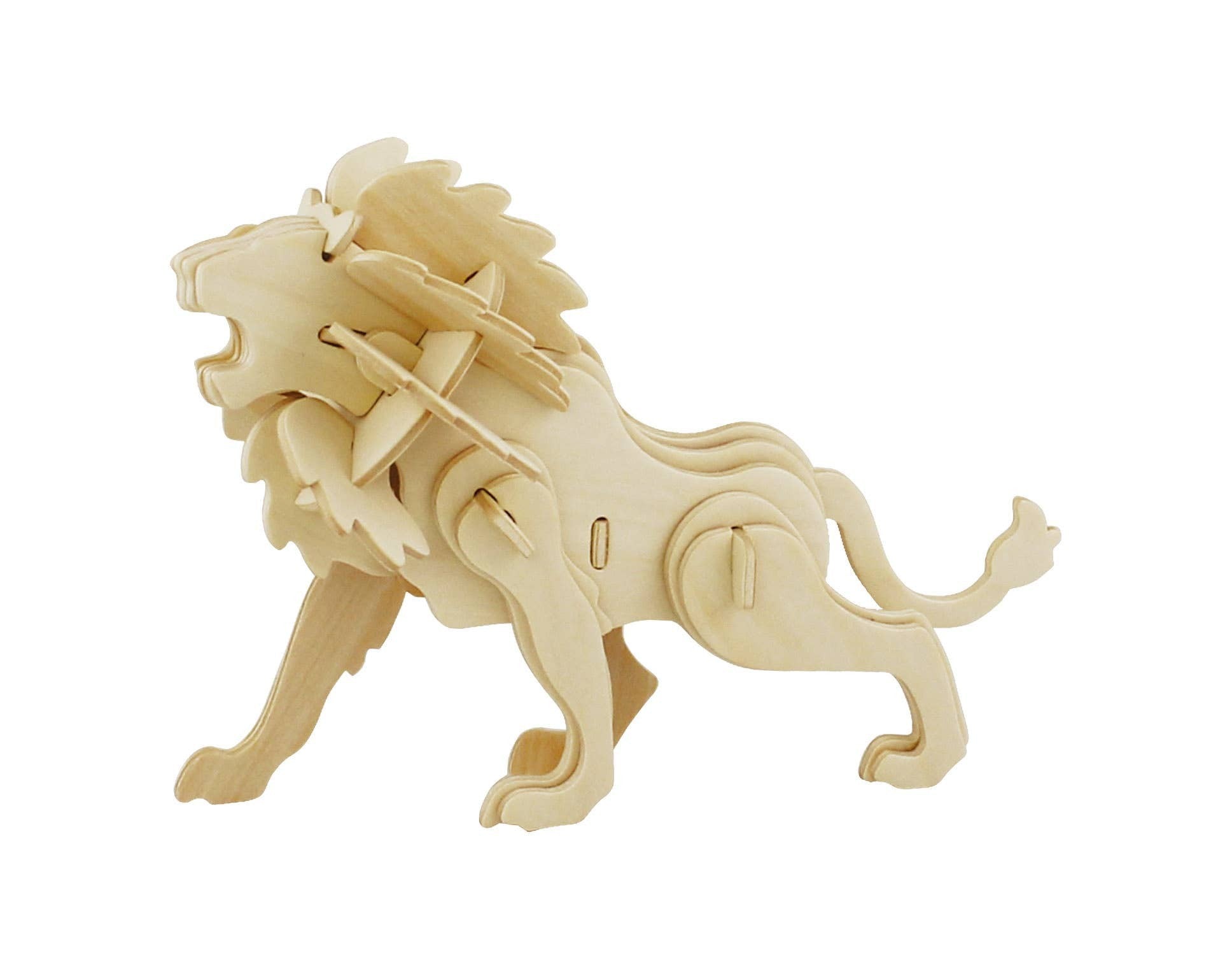 Mellow Monkey 3D wooden lion puzzle, made from natural plywood with grooved edges. A fun, educational toy.