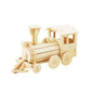 Mellow Monkey 3D wooden locomotive puzzle, natural wood, interlocking pieces, educational toy for children.
