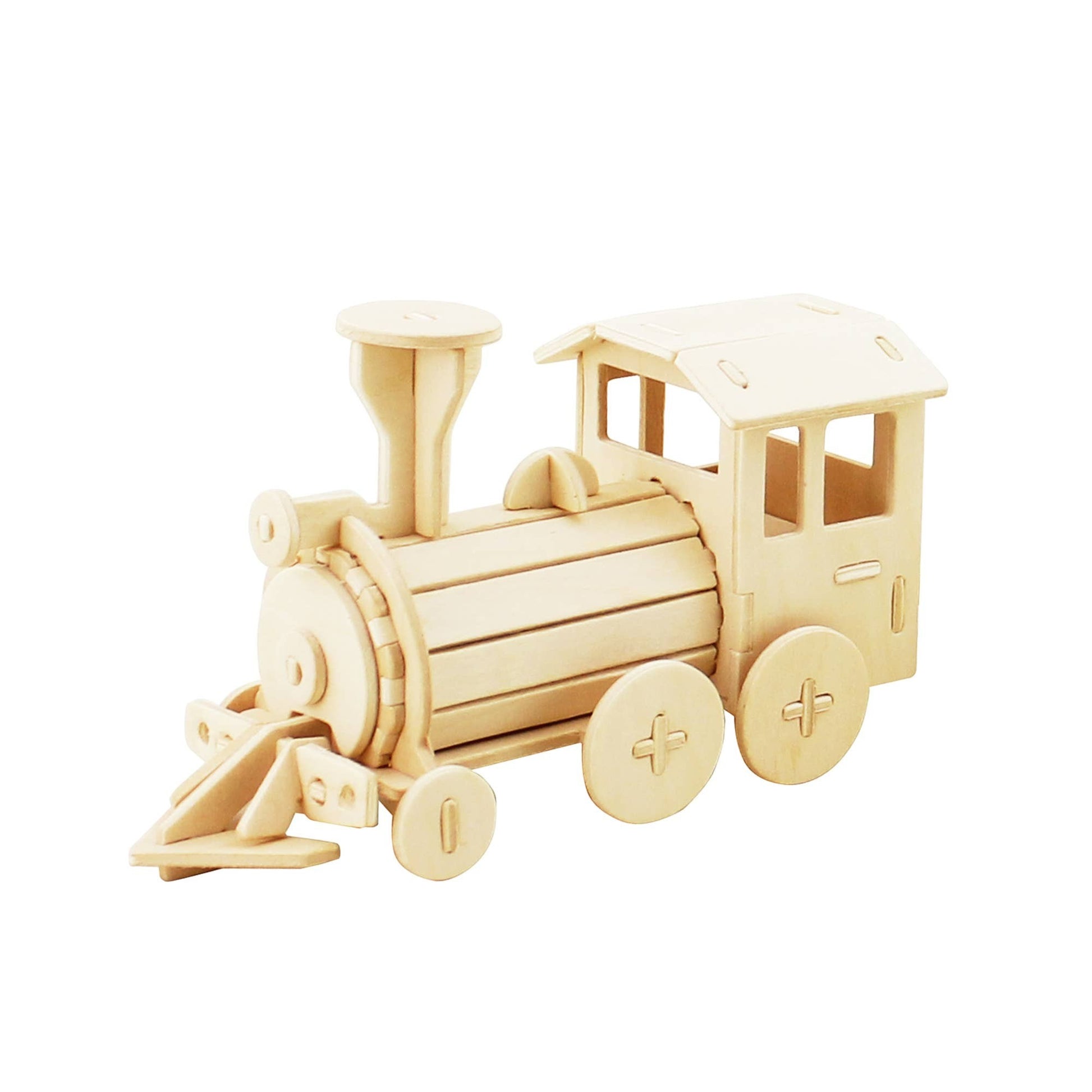 Mellow Monkey 3D wooden locomotive puzzle, natural wood, interlocking pieces, educational toy for children.