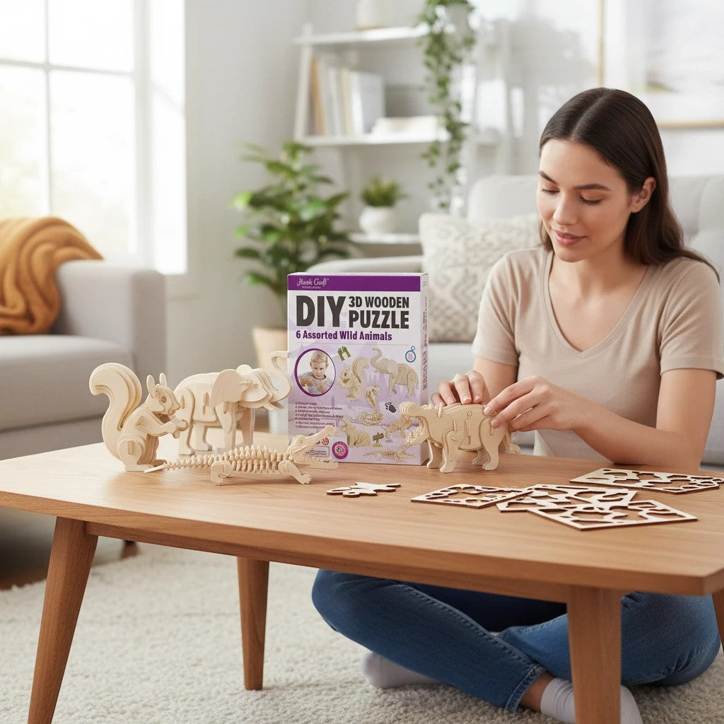 Mellow Monkey 3D Wooden Puzzle Bundle Pack with 6 assorted wild animals including a squirrel, elephant, crocodile, and lion.