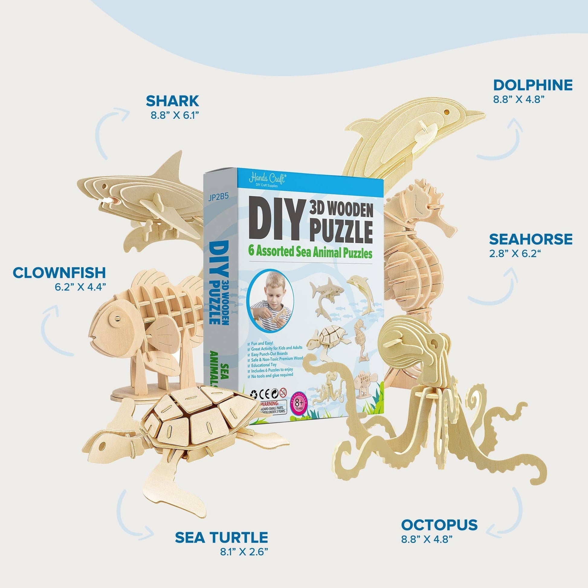 Mellow Monkey 3D wooden sea animal puzzles: shark, dolphin, sea turtle, seahorse, octopus, clownfish. Made from eco-friendly plywood.