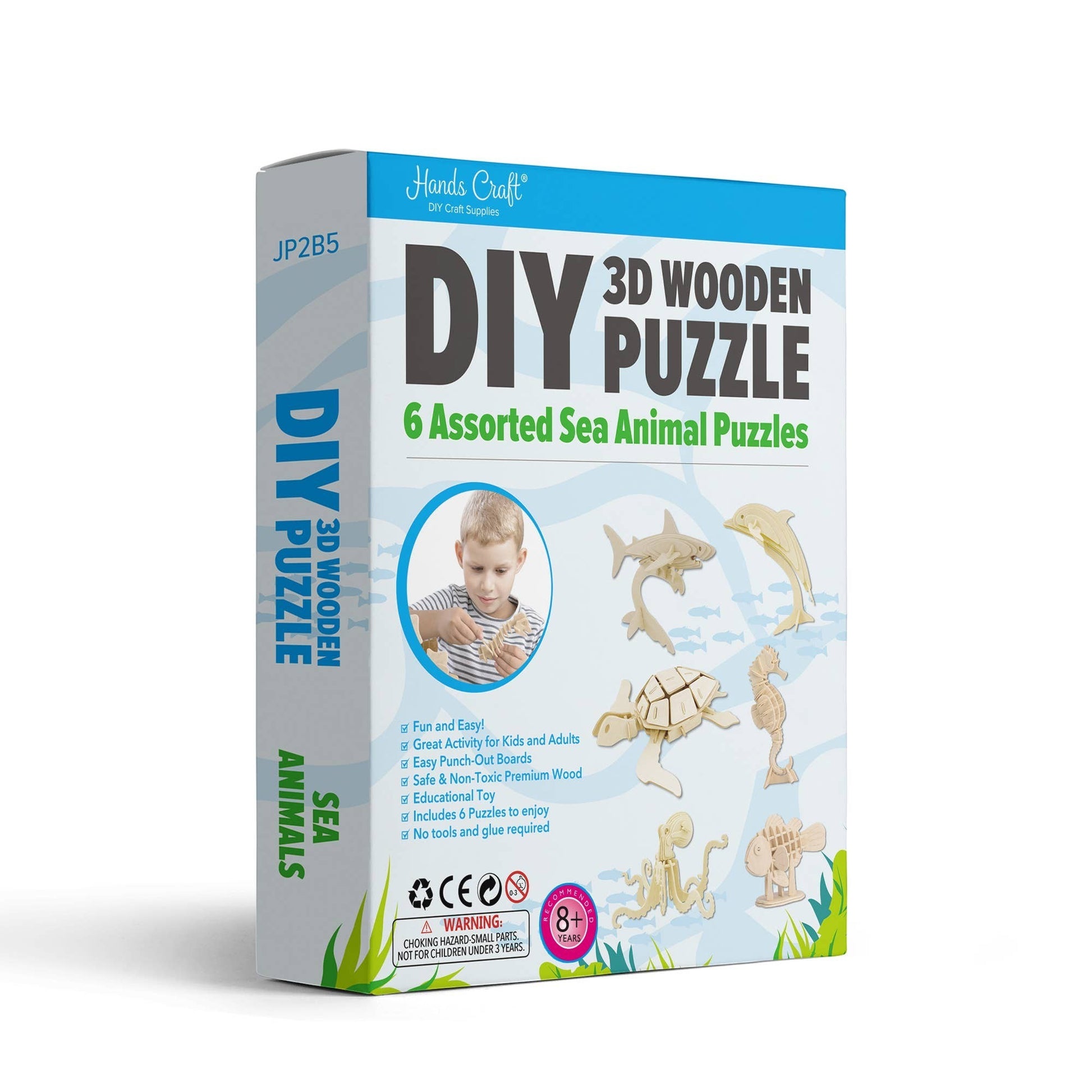Mellow Monkey 3D Wooden Puzzle Bundle Pack featuring 6 assorted sea animals: shark, dolphin, turtle, seahorse, octopus, and clownfish. Made from safe, non-toxic wood.
