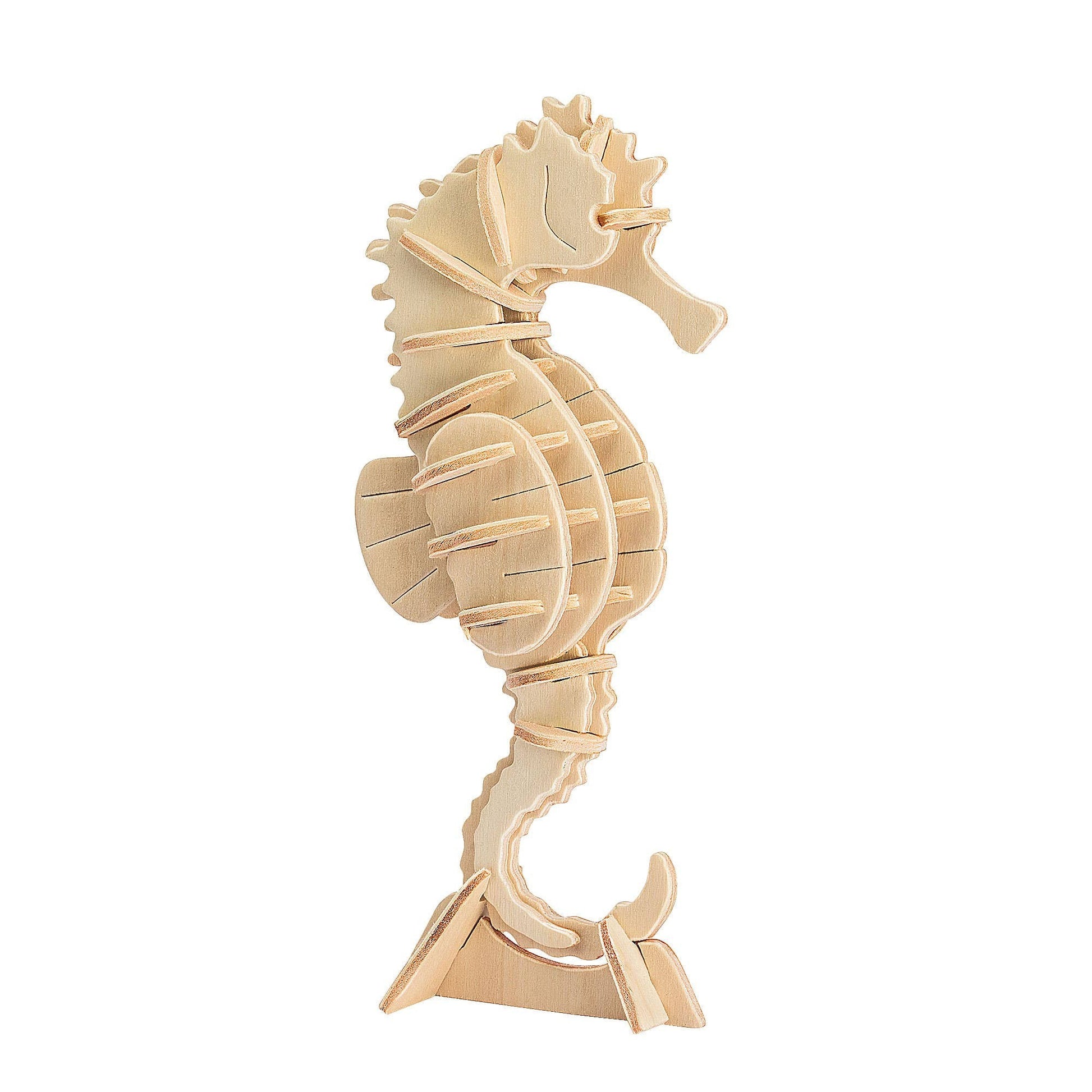 Mellow Monkey 3D wooden seahorse puzzle, made from light brown plywood with grooved edges.