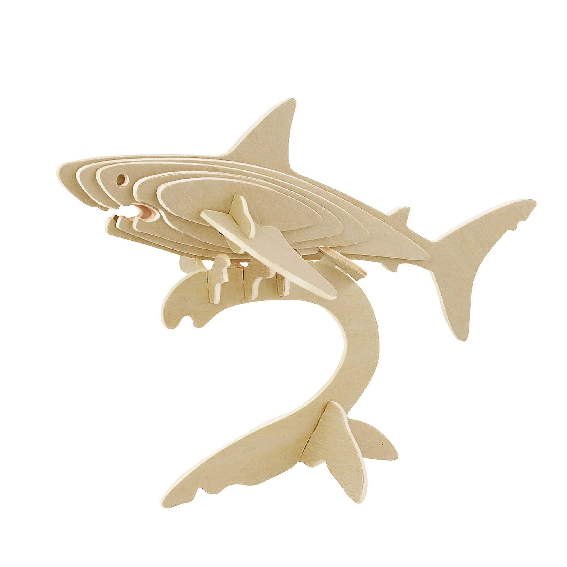Mellow Monkey 3D wooden shark puzzle, made from natural plywood with grooved edges. Educational toy.