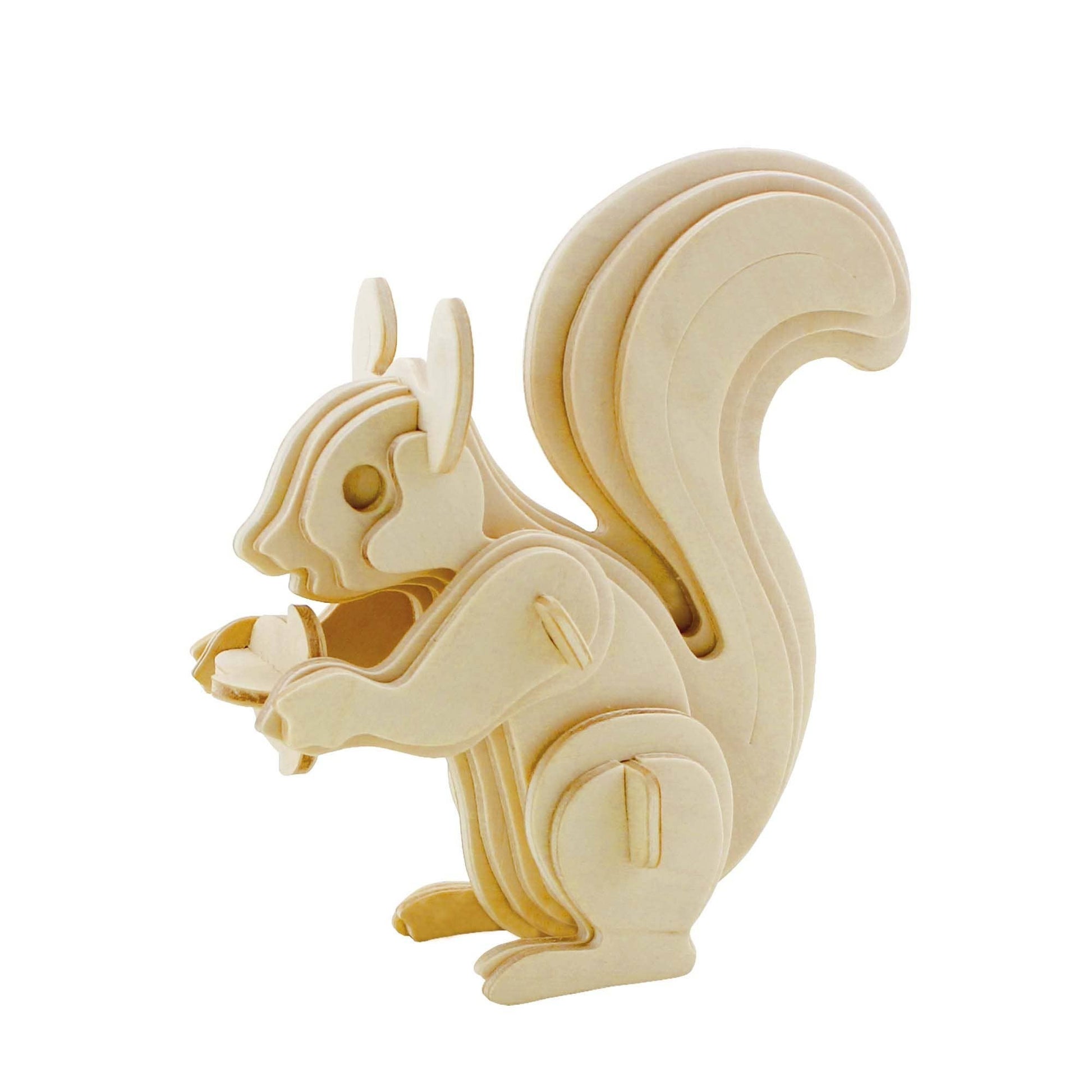 Mellow Monkey 3D wooden squirrel puzzle, made from natural plywood, holding an acorn.