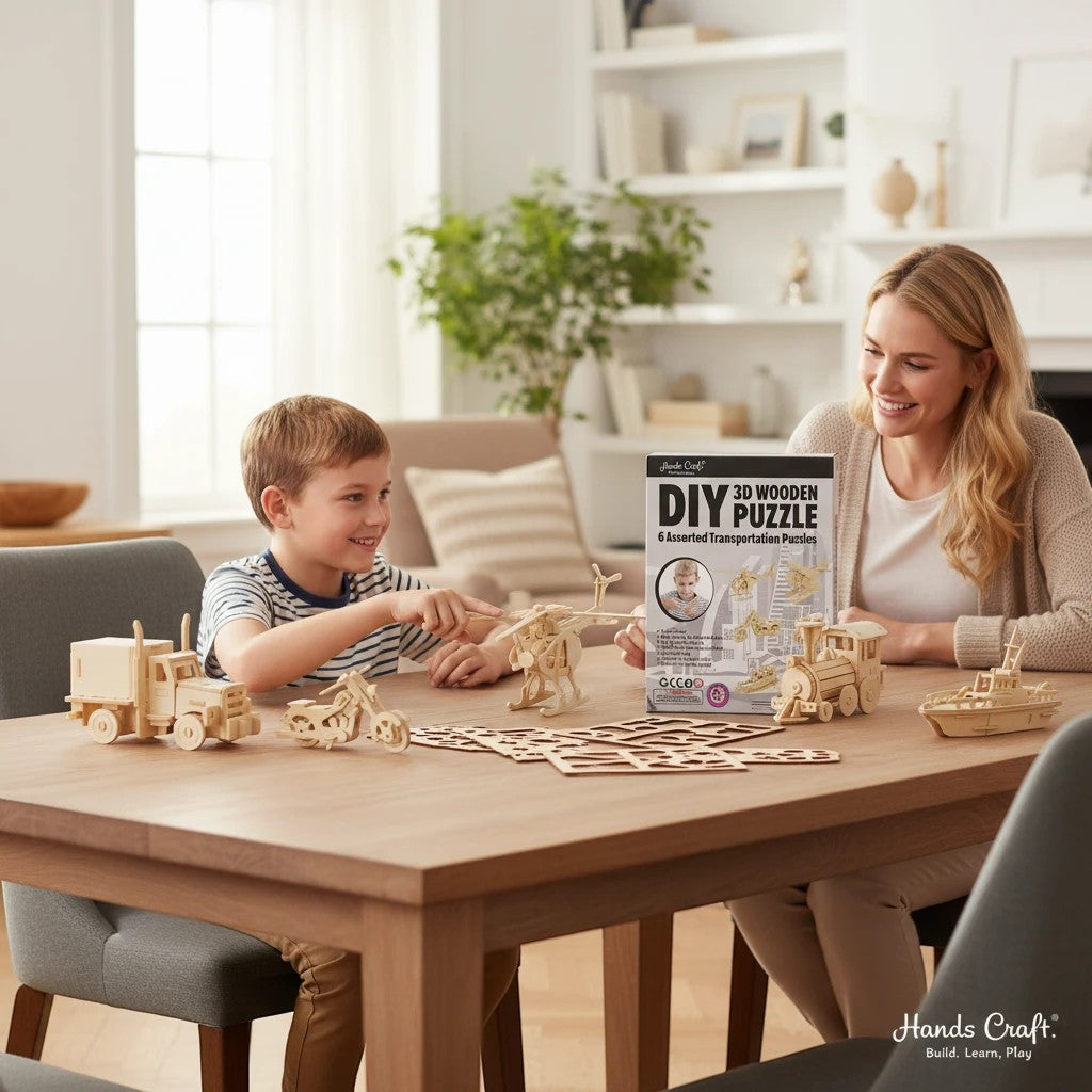 Mellow Monkey 3D wooden transportation puzzles including a train, truck, helicopter, and motorcycle, assembled and on a table.