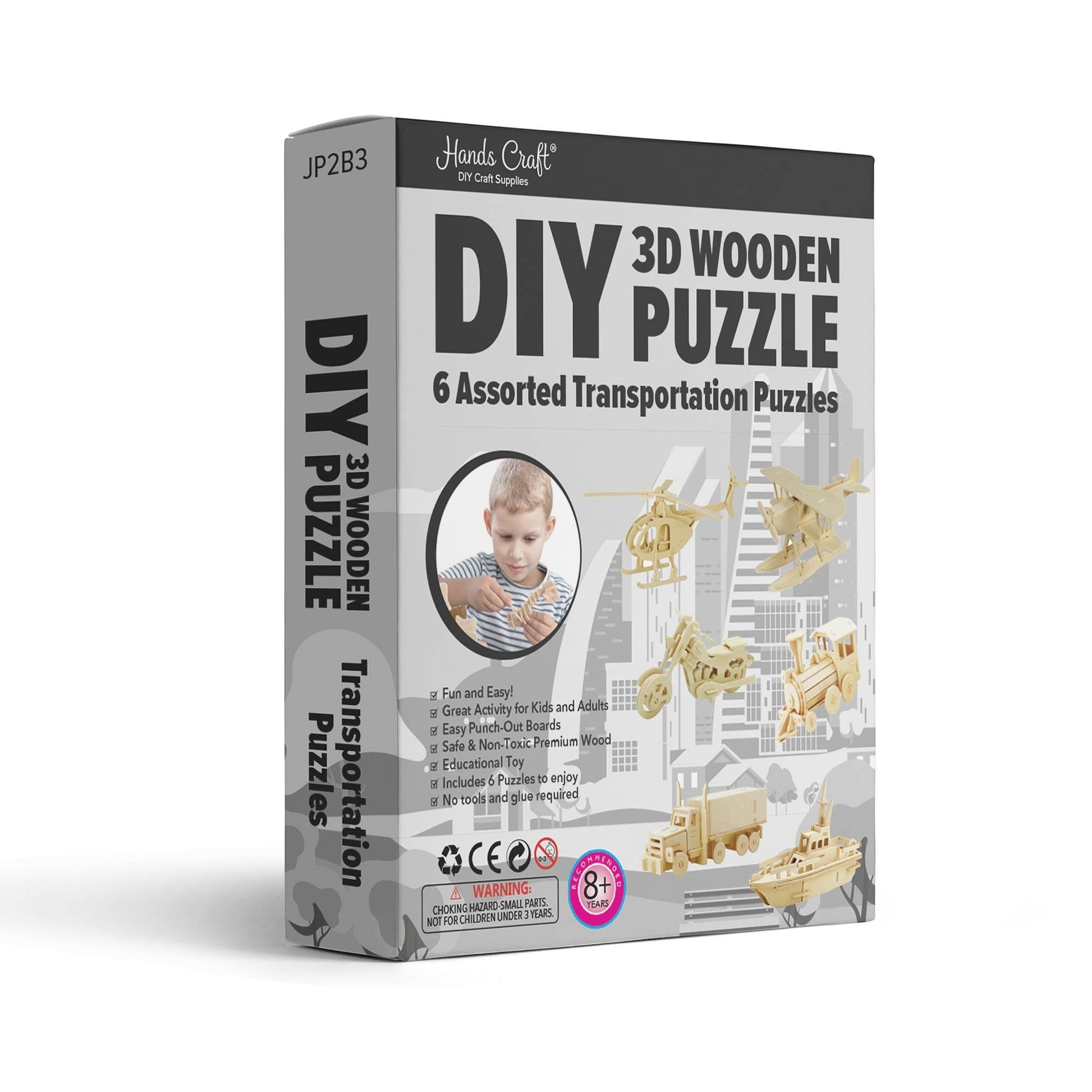Mellow Monkey 3D Wooden Puzzle Bundle Pack: 6 assorted transportation puzzles made from safe, non-toxic wood. Includes Locomotive, Helicopter, Truck, Hydroplane, Motor Bike, and Yacht.