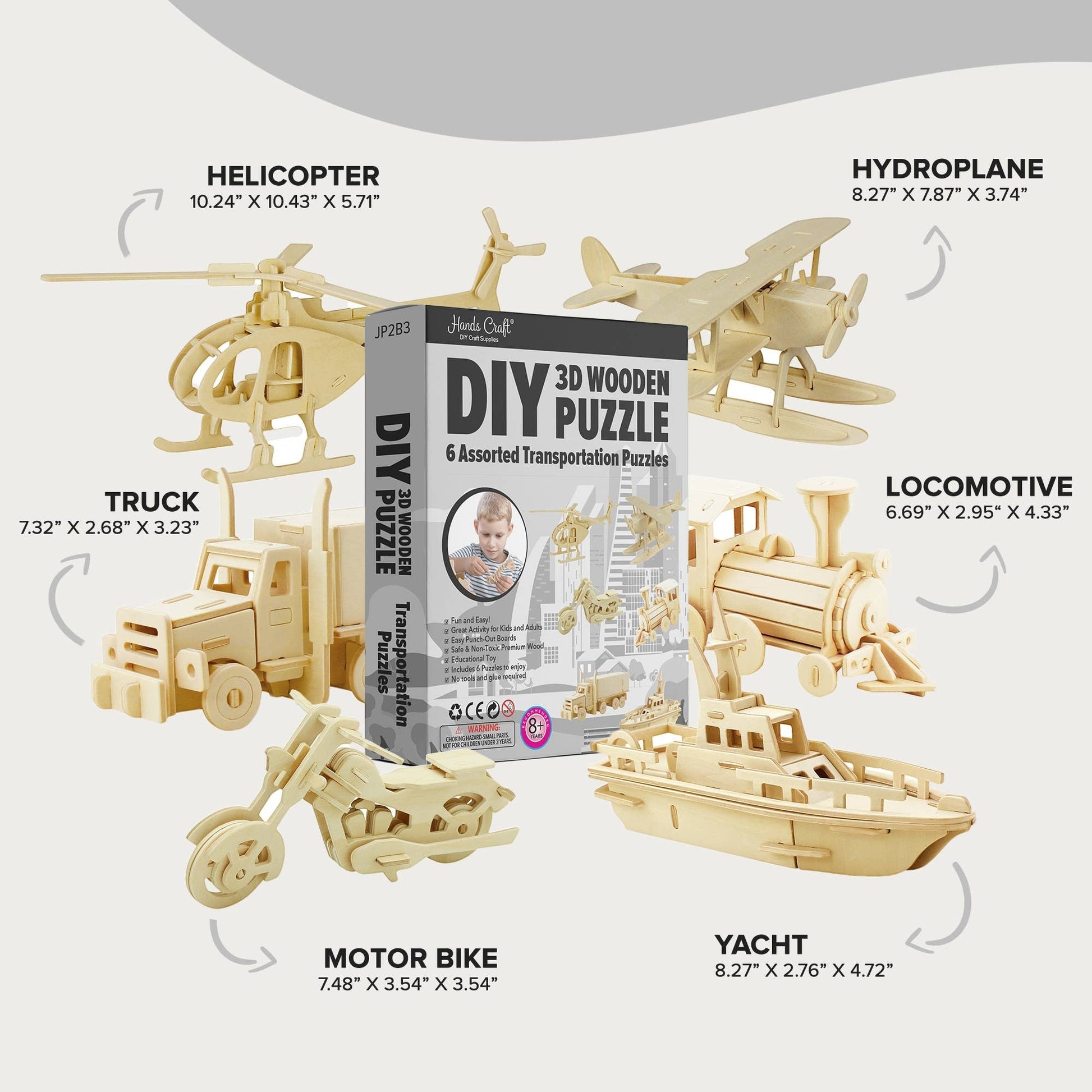Mellow Monkey 3D Wooden Puzzle Bundle Pack featuring 6 assorted transportation models: helicopter, hydroplane, truck, locomotive, motor bike, and yacht. Made from natural wood.