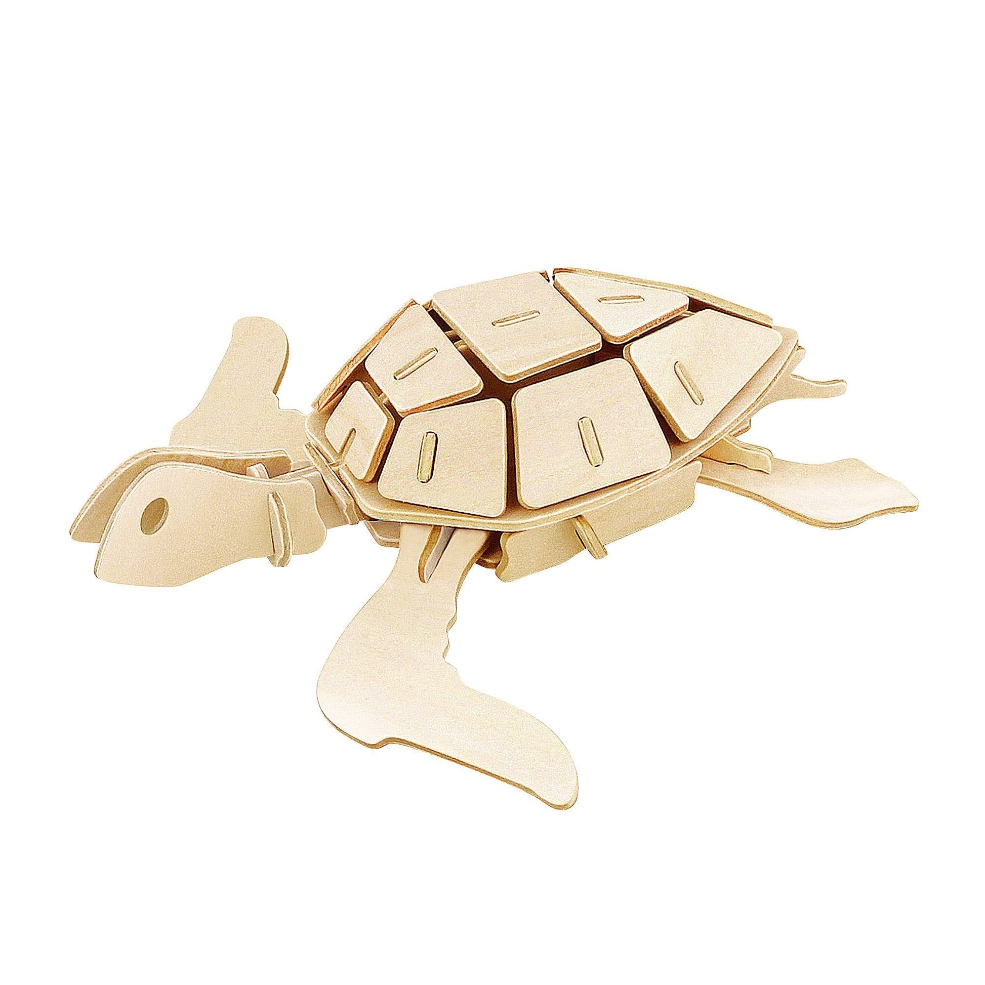 Mellow Monkey 3D wooden sea turtle puzzle, made from natural plywood with grooved edges.