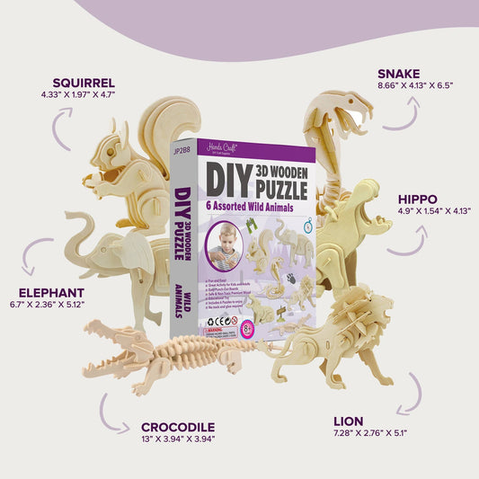 Mellow Monkey 3D wooden puzzle bundle pack featuring a lion, elephant, crocodile, snake, squirrel, and hippo made from natural wood.