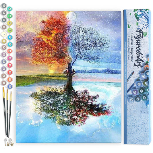 Mellow Monkey 4 Seasons Tree paint by numbers kit for adults, 16"x20", advanced difficulty, shows a tree reflecting its summer and winter halves.