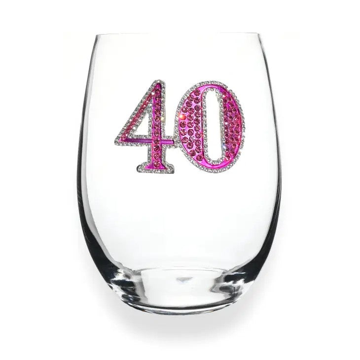 Mellow Monkey stemless wine glass featuring a jeweled 40th birthday design with pink crystals and silver accents
