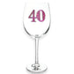 Mellow Monkey 40th birthday wine glass featuring a large pink jeweled number 40 design on clear premium glass