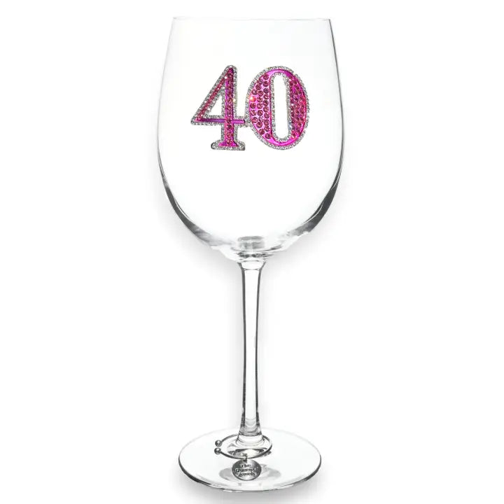 Mellow Monkey 40th birthday wine glass featuring a large pink jeweled number 40 design on clear premium glass
