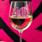 Mellow Monkey 40th birthday wine glass featuring a pink jeweled number 40 accent on a clear glass bowl