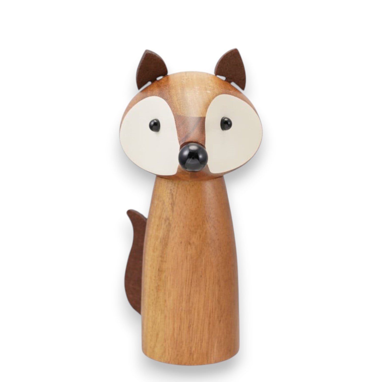 Mellow Monkey fox-shaped salt and pepper mill crafted from acacia wood with faux leather ears and tail.