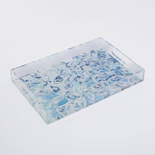 Mellow Monkey large acrylic tray with Kim Hovell's Atlantic Reef artwork in blue and white. Features handles and a clear rim.