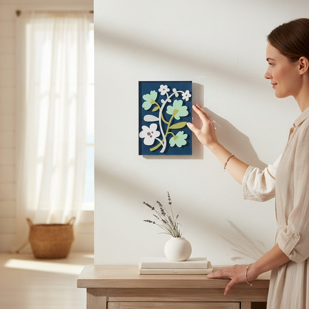 Mellow Monkey Grow Together Tile Acrylic Wall Art, 5x7-in, featuring a floral design with white, mint green, and yellow flowers on a navy blue background.