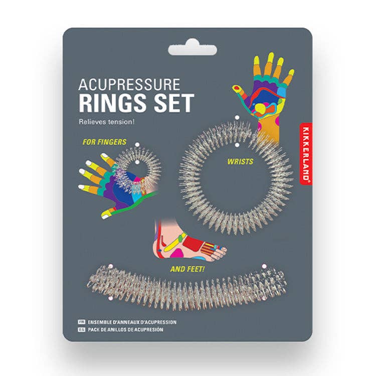 Mellow Monkey acupressure rings set in spring steel for finger, wrist, and foot massage to relieve stress and tension.