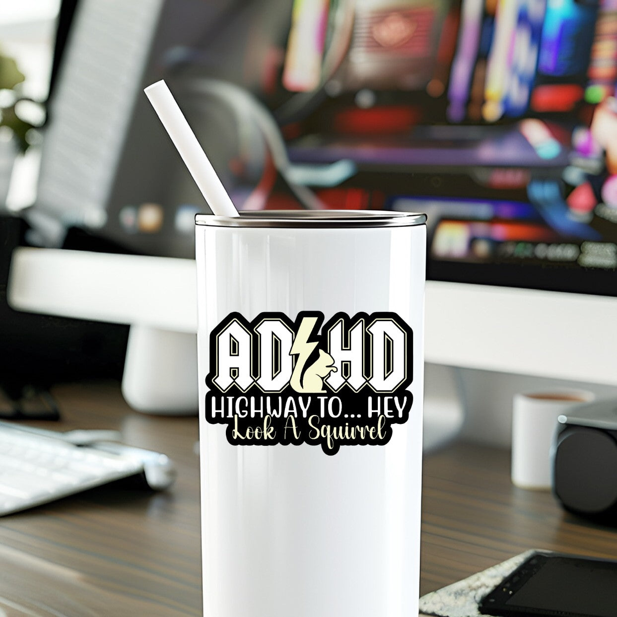 Mellow Monkey ADHD Hey Look A Squirrel vinyl sticker applied to a white tumbler on a desk
