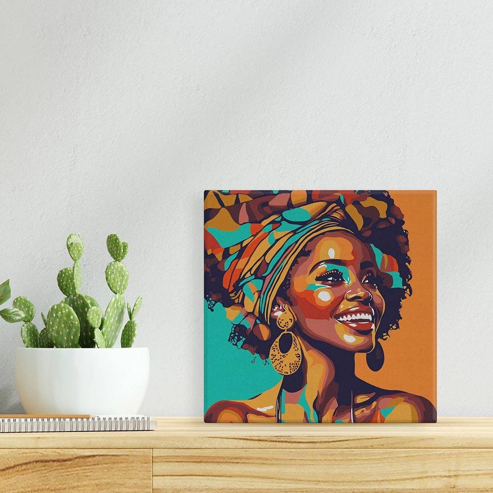 Mellow Monkey African Queen Pop Art paint by numbers kit. Features a vibrant portrait of a smiling Black woman with a colorful headwrap and large earrings.
