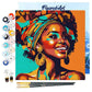 Mellow Monkey African Queen Pop Art paint by numbers kit featuring a vibrant portrait of a smiling Black woman with a colorful headwrap and large earrings.