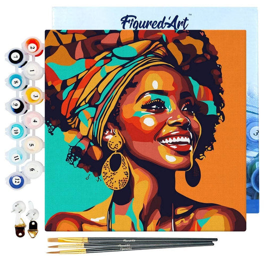 Mellow Monkey African Queen Pop Art paint by numbers kit featuring a vibrant portrait of a smiling Black woman with a colorful headwrap and large earrings.
