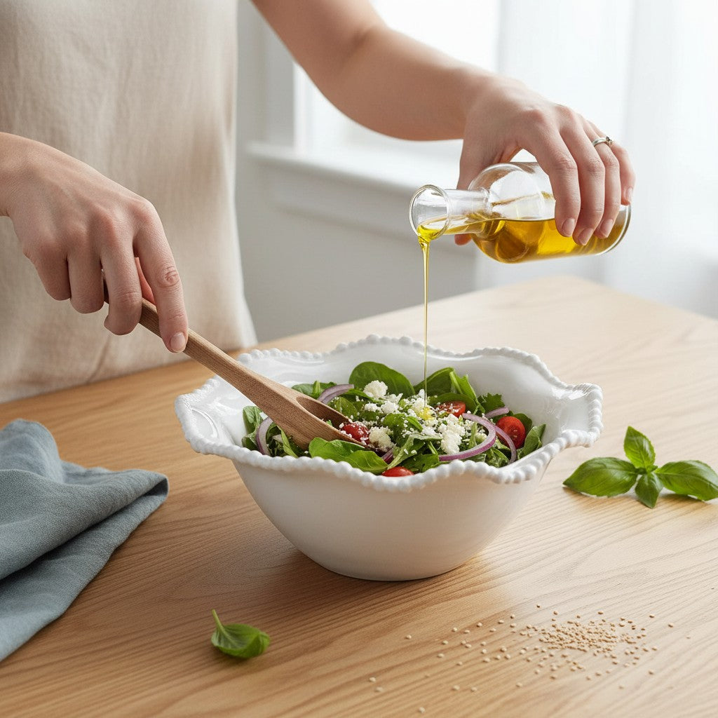 Mellow Monkey Alegria medium white melamine serving bowl with beaded pearl rim. Ideal for salads, fruit, or chips.