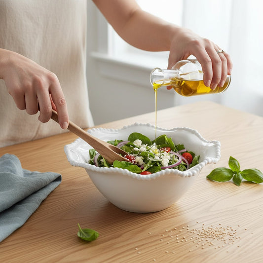 Mellow Monkey Alegria medium white melamine serving bowl with beaded pearl rim. Ideal for salads, fruit, or chips.